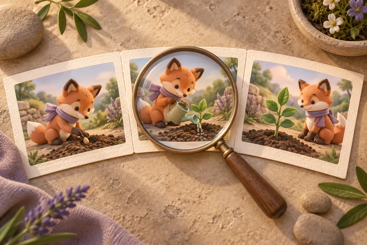Three learning storyboard scenes inspected with a magnifying glass