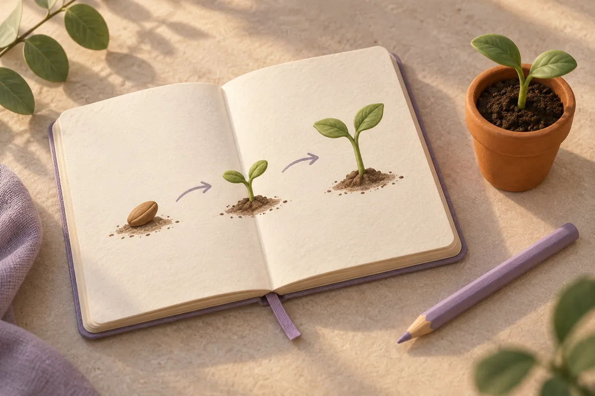 An illustrated seed-to-sprout plan in a notebook beside a small plant